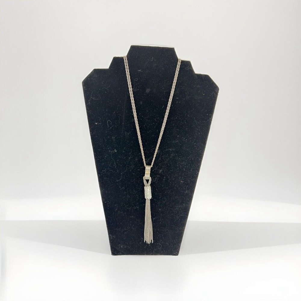 Nicole Miller Signed Rhinestone Silver Tone Necklace Tassel Pendant 23 - 26" Adj